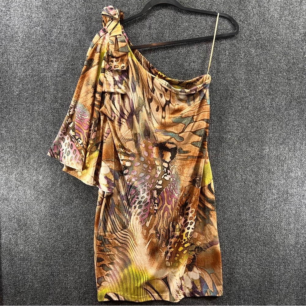 Vtg Cache One Shoulder Bodycon Mini Dress Brown Monarch Butterfly Print Y2K Club